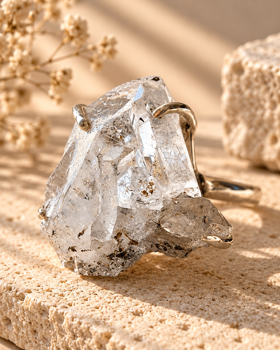 Anillo de Diamante Herkimer natural | 25 × 20 mm, ajustable