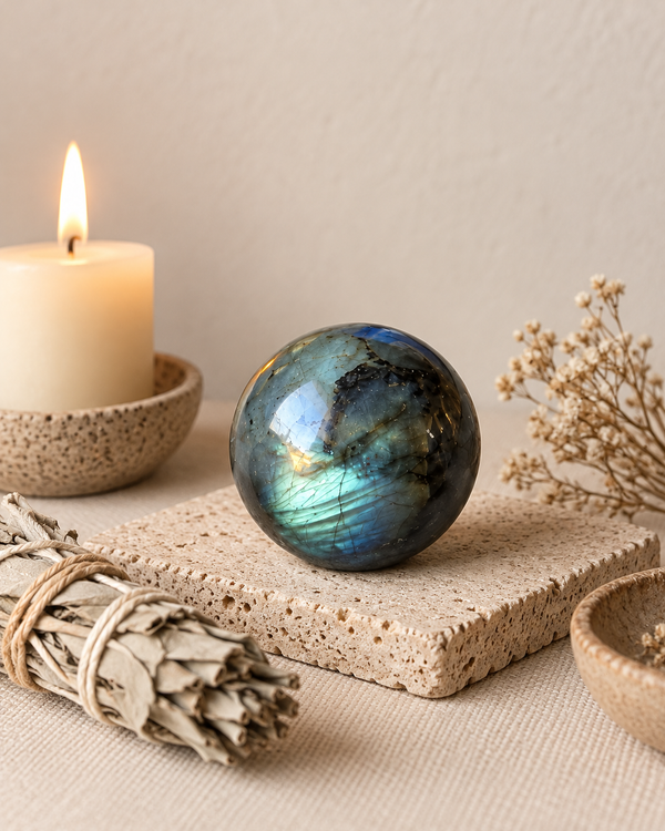 Esfera de Labradorita natural | 5 cm, con aro de madera