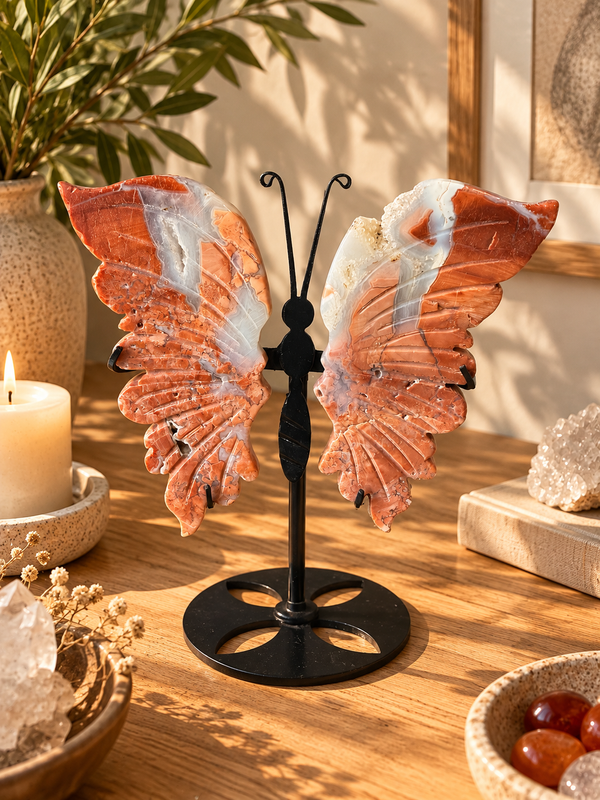 Mariposa de Cornalina 13 cm con Cuerpo de Hierro — Pieza Tallada a Mano
