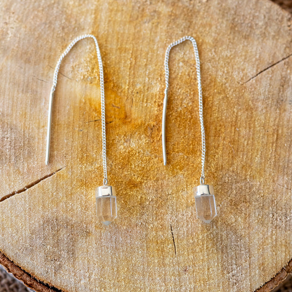 Pendientes Eira | Cuarzo cristal natural y plata de ley 925 · 100 mm