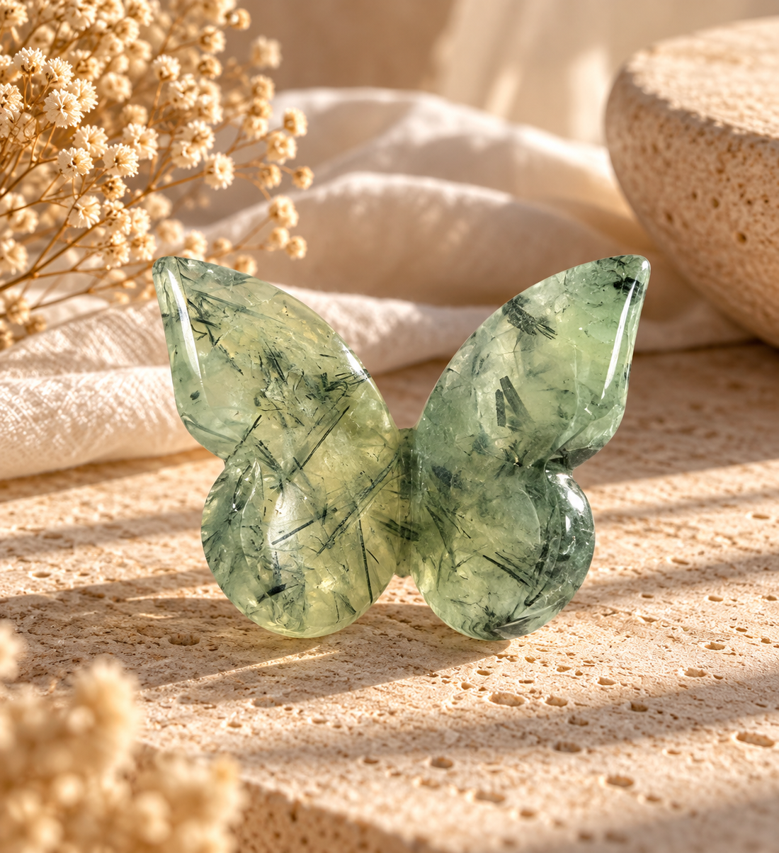Mariposa de Prehnita Natural 7 cm — Pieza Única Tallada a Mano
