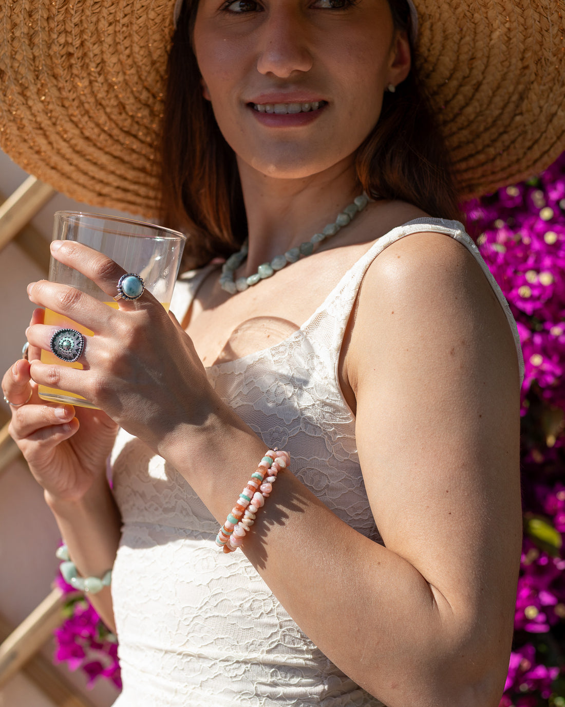 Pulsera Butterfly de Ópalo rosado, Piedra del Sol y Amazonita | Transformación, dulzura y alegría