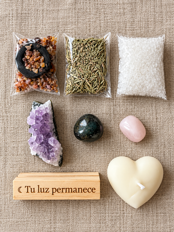 Pack Tu luz permanece | Vela corazón, portafotos de madera grabado y piedras naturales