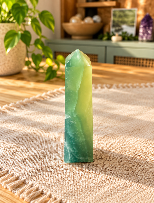 Torre de Fluorita Lemon Lime natural | 8 × 3 cm, cuatro caras