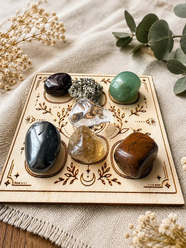 Pack Yo soy abundancia | 7 piedras naturales y rejilla de madera