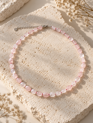 Collar Turan de Cuarzo Rosa | Bolitas planas de 10 × 7 mm · 43 cm + extensor