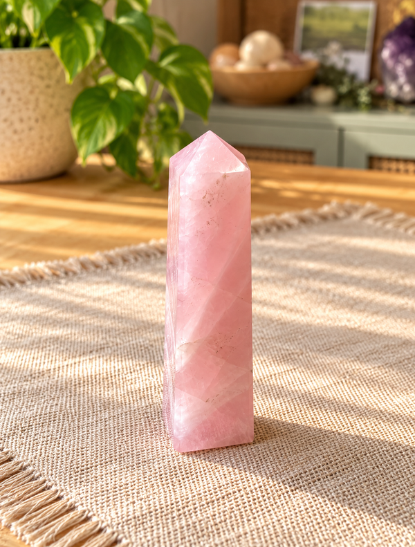 Torre de Cuarzo Rosa natural | 8 × 3 cm, cuatro caras