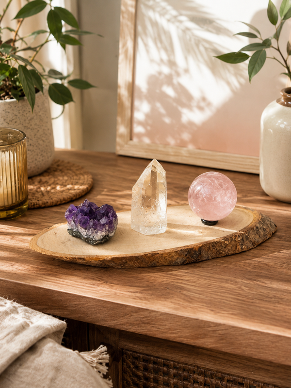 Pack Armonía del Hogar | Amatista, cuarzo rosa y cuarzo cristal sobre base de madera