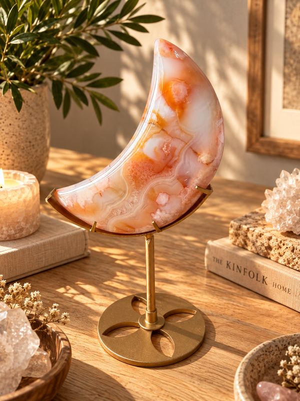 Luna de Cornalina 12 cm con Pedestal Dorado — Pieza Natural Tallada