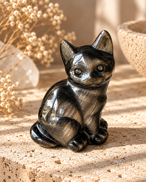 Gato de Obsidiana Plateada Natural 11 cm — Pieza Única Tallada a Mano