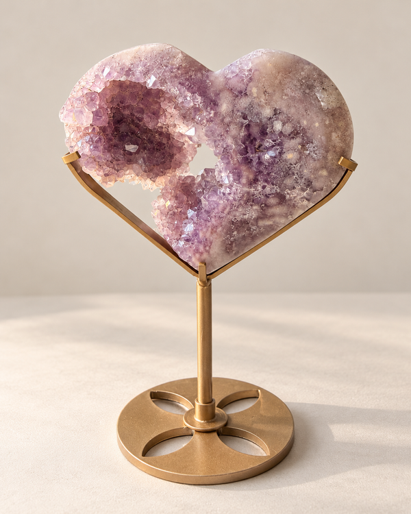 Corazón de Amatista con trazos de Ágata Sakura | 11 × 9,5 cm, con pedestal dorado