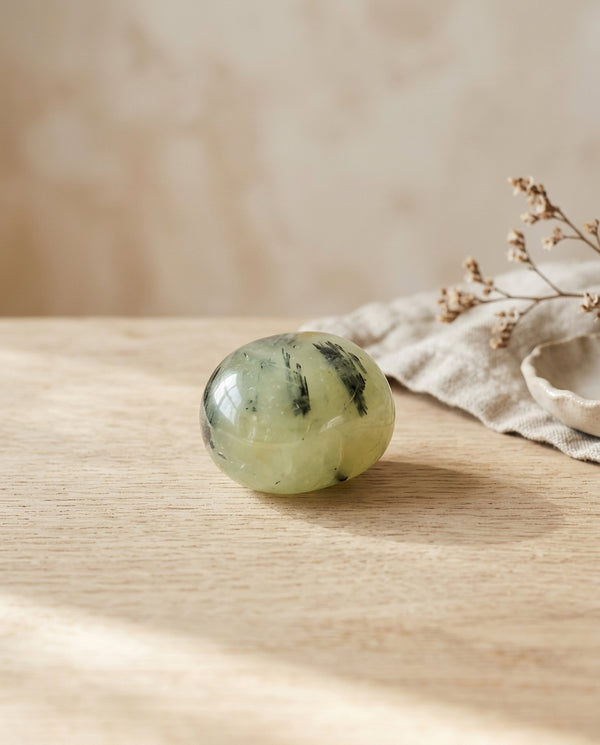 Rodado de Prehnita con Turmalina Negra natural | 3,5 cm